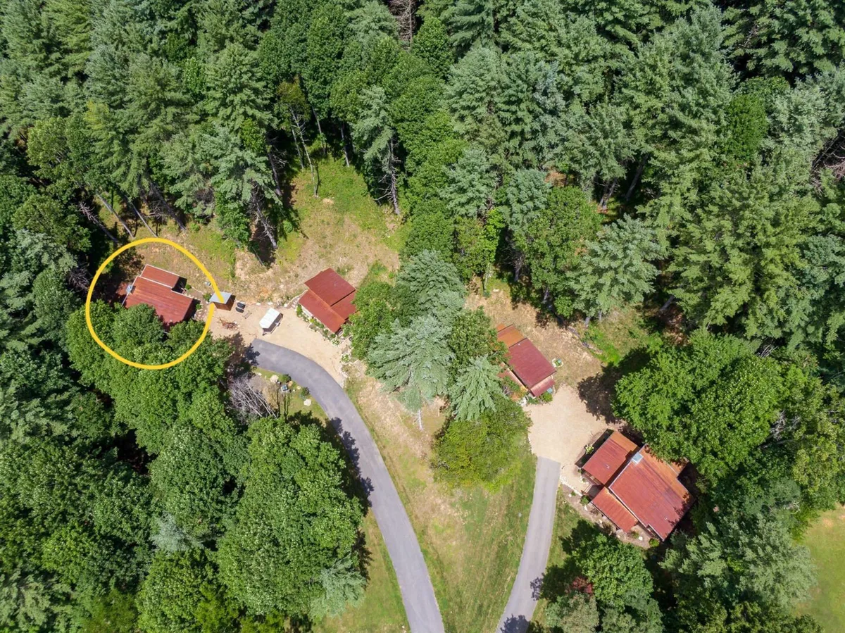 The highlighted cabin sits amidst lush foliage, with a curving driveway leading to its entrance. The surroundings suggest ample opportunities for hiking, nature walks, and exploration right outside the door, perfectly capturing the promise of adventure and outdoor play for families.