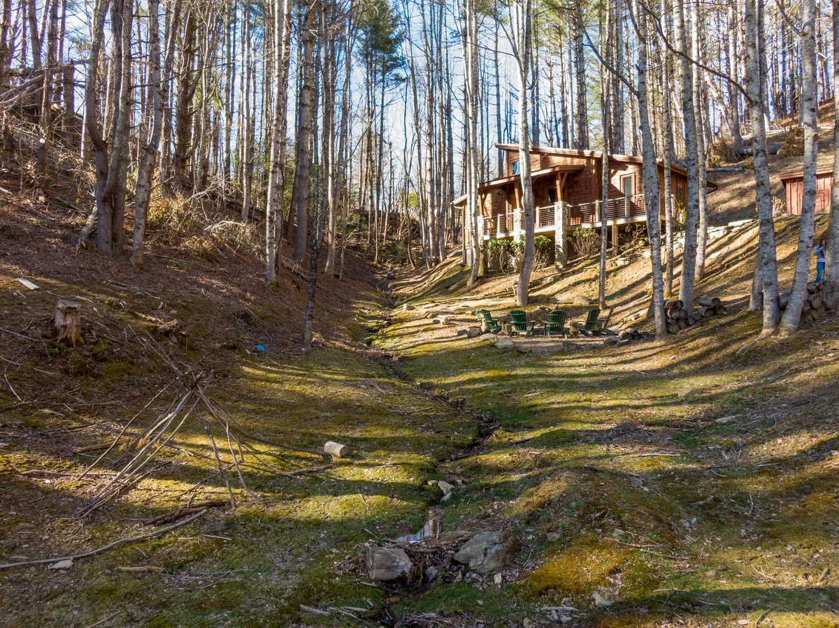A tranquil cabin scene featuring a cozy outdoor seating area among tree trunks and soft mossy ground, ideal for family gatherings by the fire or quiet moments in nature. The setting feels both inviting and adventurous, reflecting the spirit of shared experiences in a mountain retreat.