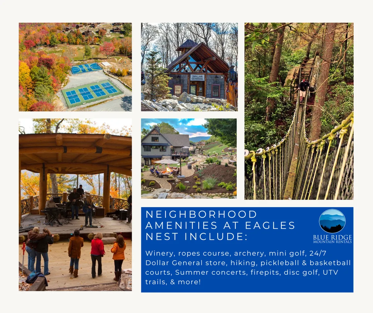 This vibrant exterior shot highlights Eagles Nest’s outdoor concert area, luxurious cabins, a rope bridge, and visible sports courts. The image is full of life, with groups enjoying live music, people mingling around the sports areas, and the natural mountain landscape framing the scene.